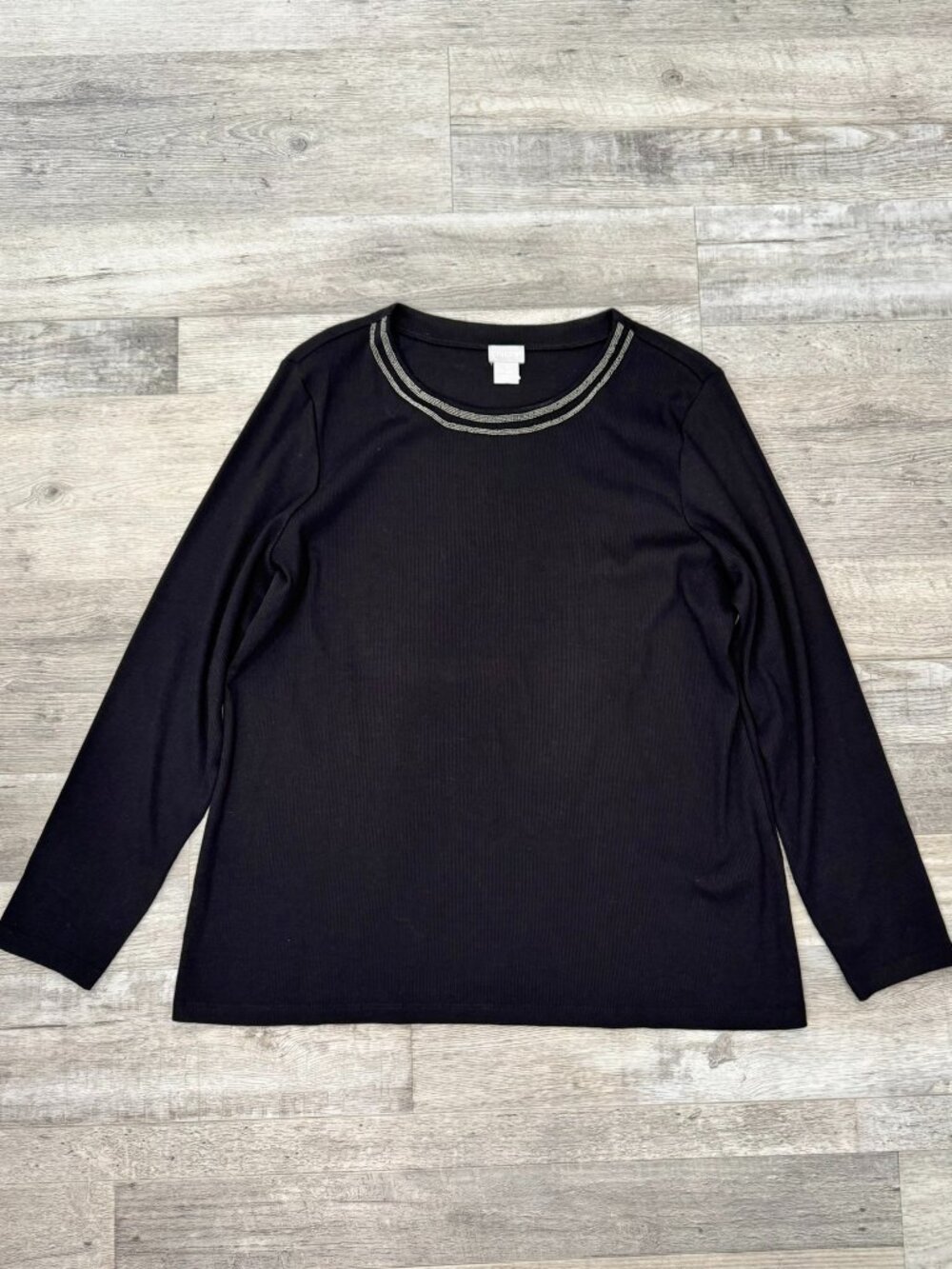 Chico's Black Ribbed Long Sleeve Top Size 3/Large Silver Beading S33